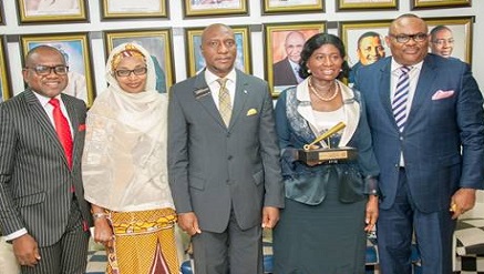 Mr. Peter Ashade, Managing Director/CEO, Africa Prudential Plc; Ammuna Lawan Ali, Non-Executive Director (Independent), Africa Prudential Plc; Mr. Oscar Onyema, CEO, Nigerian Stock Exchange; Chief (Mrs.) Eniola Fadayomi, Chairman; and Mr. Peter Elumelu, Non-Executive Director, Africa Prudential Plc at the Closing Gong Ceremony held at the Exchange in Lagos, recently